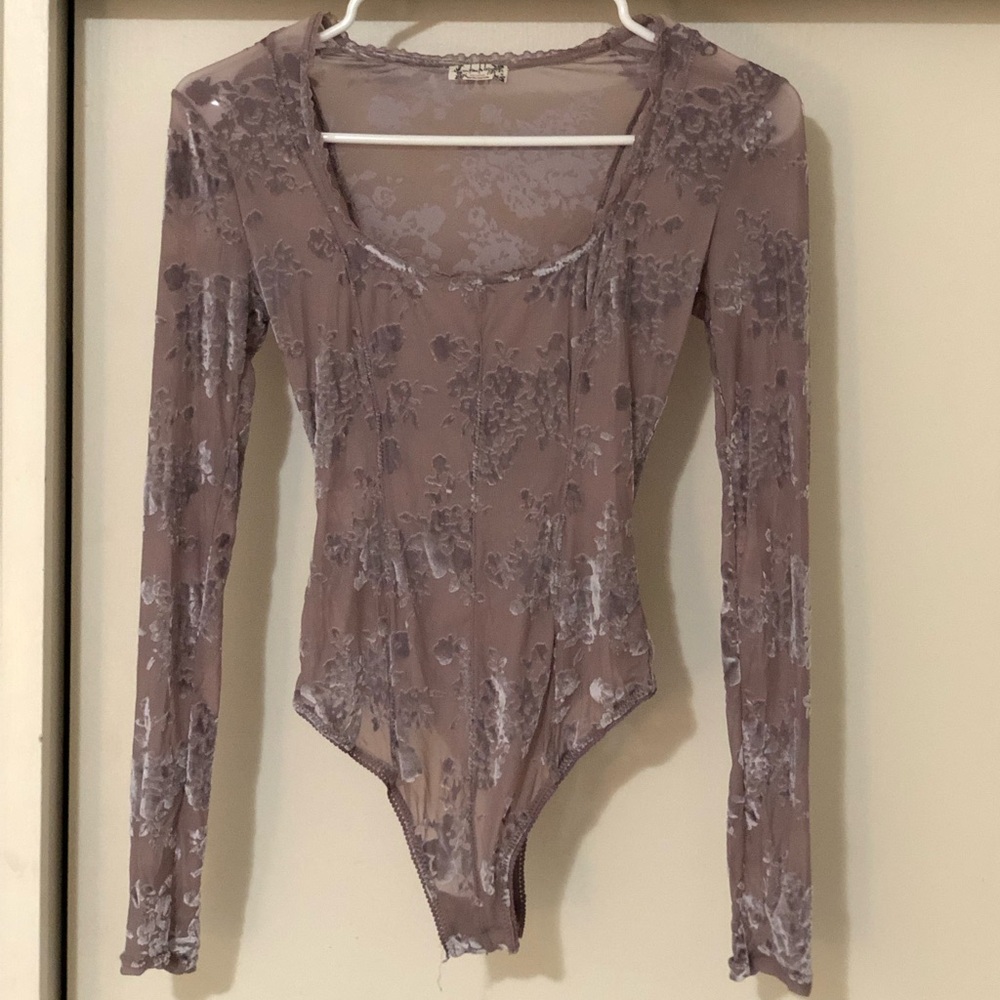 velveteen & mesh floral long sleeve bodysuit